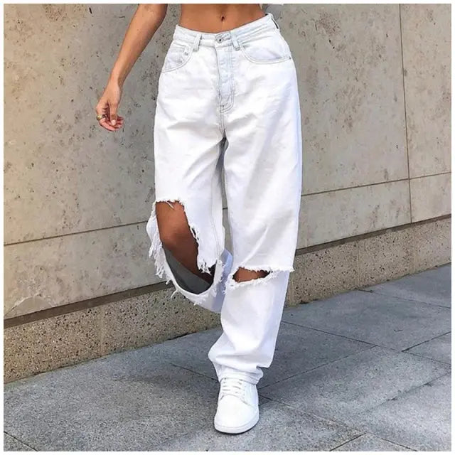 High Waist Hole Ripped White Jeans Mixnorth