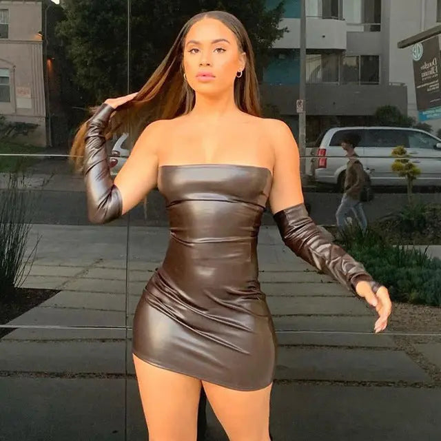 Brown Faux PU Leather Dress Mixnorth