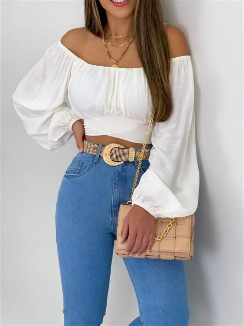 Off Shoulder Long Sleeve Crop Tops Mixnorth
