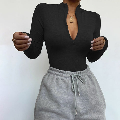 Sexy Bodysuit Mock Neck Zipper Long Sleeve