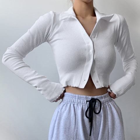 Casual Ribbed Knit Turn-Down Long Sleeve