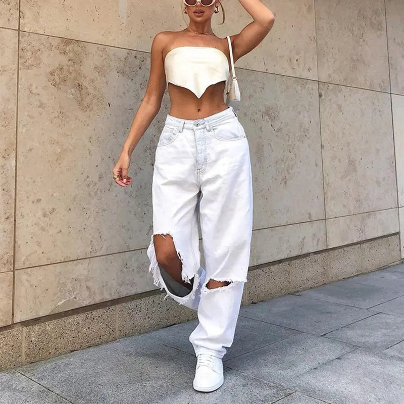 High Waist Hole Ripped White Jeans Mixnorth