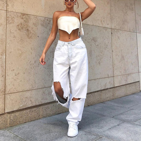 High Waist Hole Ripped White Jeans