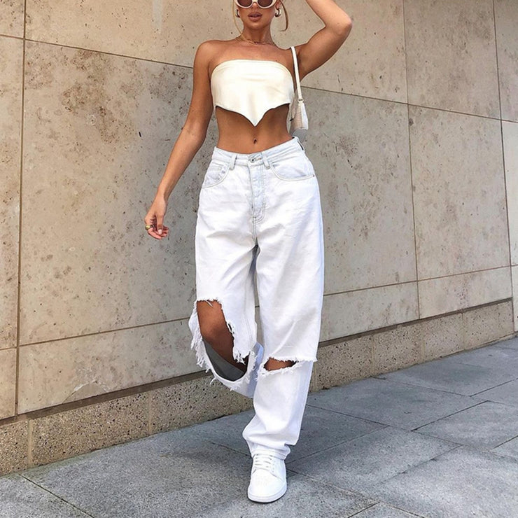 High Waist Hole Ripped White Jeans