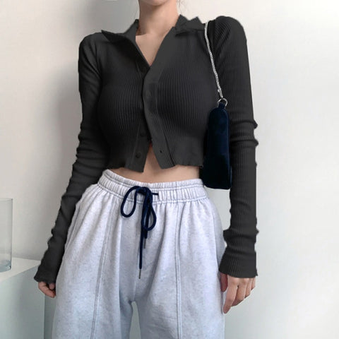 Casual Ribbed Knit Turn-Down Long Sleeve