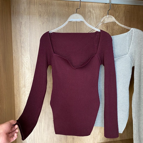 Square Collar Long Sleeve Woman Sweaters