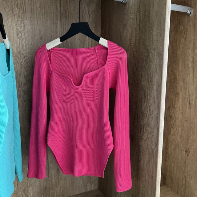 Square Collar Long Sleeve Woman Sweaters