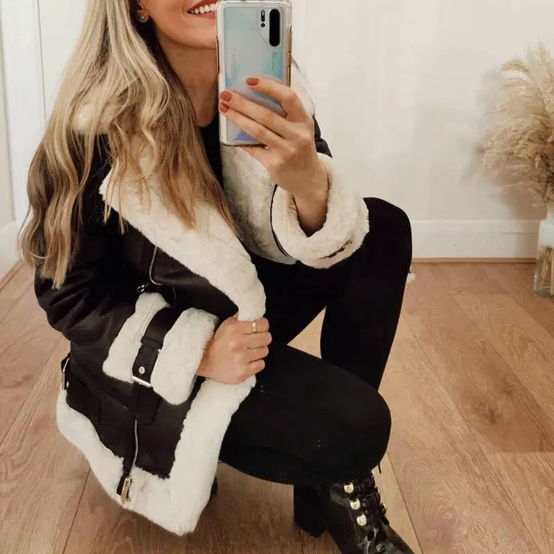 Winter Coat Women Pu Faux Soft Leather Black White Mixnorth