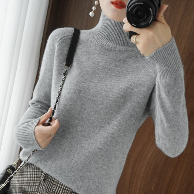 Casual Turtleneck Sweaters Autumn Winter Solid Color Long Sleeve