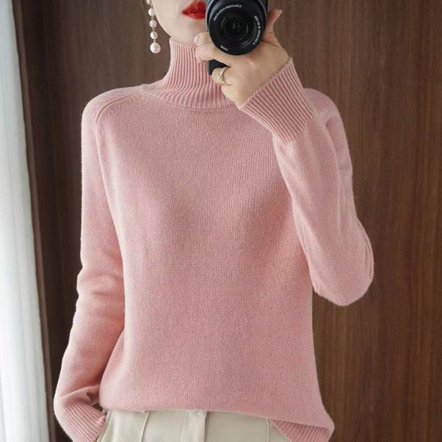 Casual Turtleneck Sweaters Autumn Winter Solid Color Long Sleeve