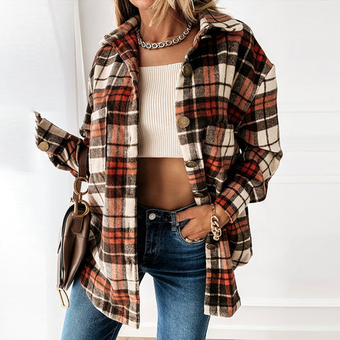 Plaid Shirt Pocket Loose Vintage Blouse