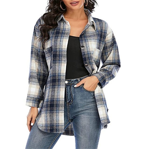 Plaid Shirt Pocket Loose Vintage Blouse