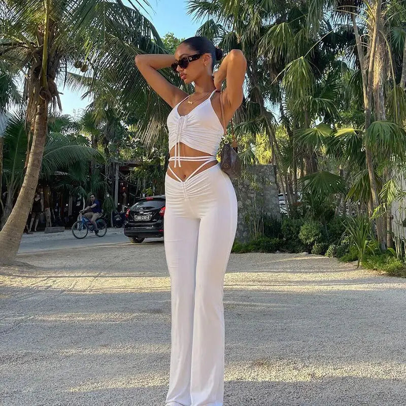 Lace Up Halter Backless Crop Top High Waist Flare Pants Mixnorth