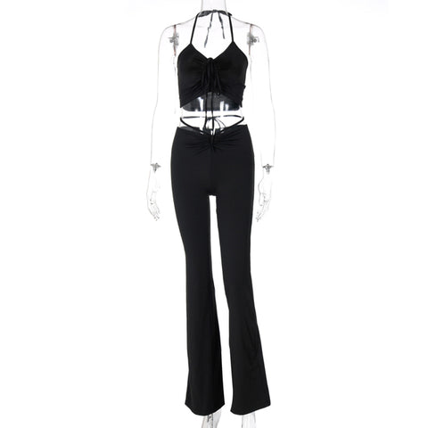 Lace Up Halter Backless Crop Top High Waist Flare Pants