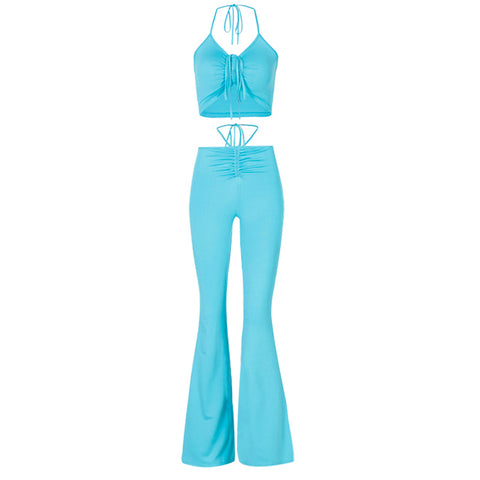 Lace Up Halter Backless Crop Top High Waist Flare Pants
