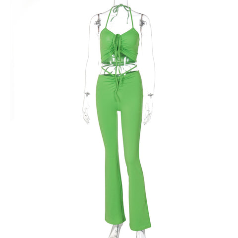 Lace Up Halter Backless Crop Top High Waist Flare Pants