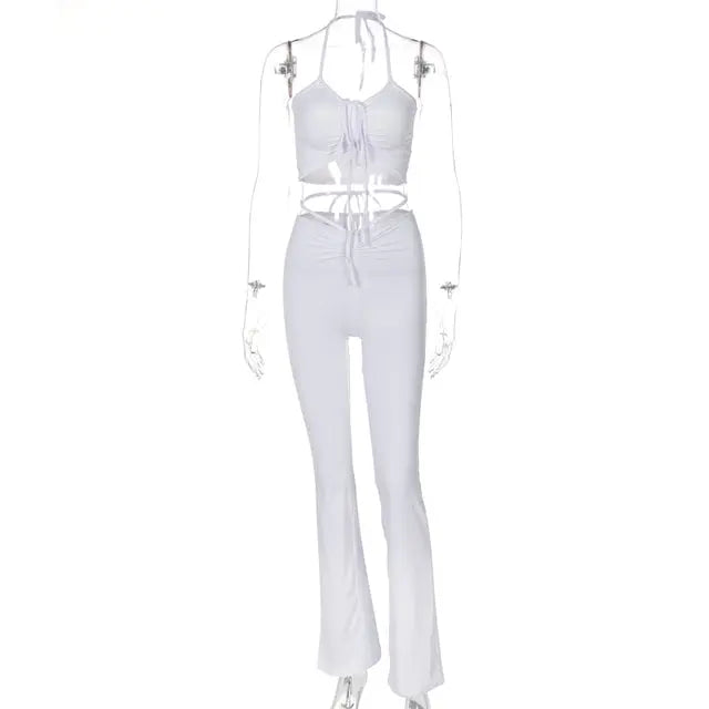 Lace Up Halter Backless Crop Top High Waist Flare Pants Mixnorth