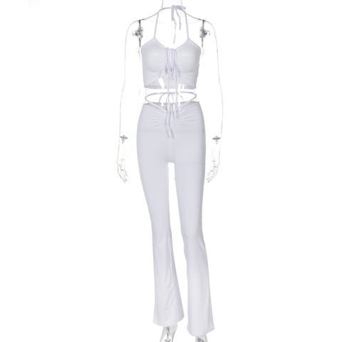 Lace Up Halter Backless Crop Top High Waist Flare Pants