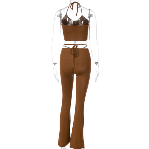 Lace Up Halter Backless Crop Top High Waist Flare Pants